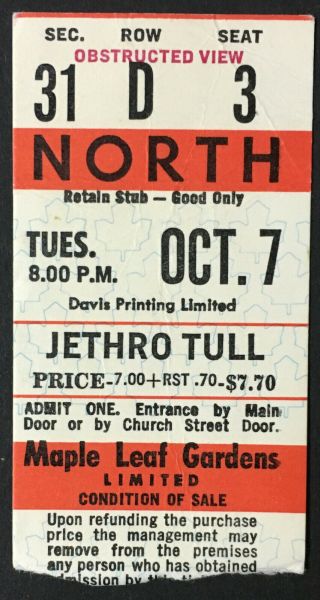 1975 Jethro Tull @ Maple Leaf Gardens Concert Ticket Oct 7 Vintage Music Rare