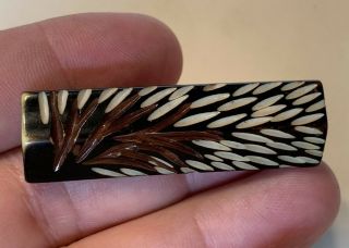 Vintage Carved Brown,  Black,  & White Bakelite Bar Pin With Tree Design,  2 "
