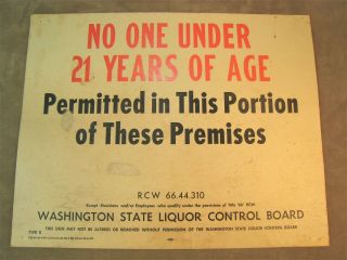 Vintage Washington State Liquor Control Board Sign No One Under 21 Permitted