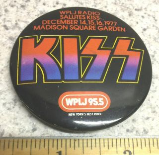 Vintage 1977 Kiss Concert Button Pin Back Wplj Radio Msg Garden Nyc