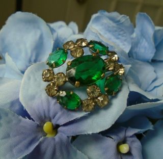 Vintage Austrian Brooch With Emerald Green And Clear Sparkling Stones