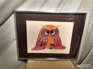 Vintage Mid - Century Glenn Heath Owl Art Print Framed Signed 14.  25 " X 11.  25 "