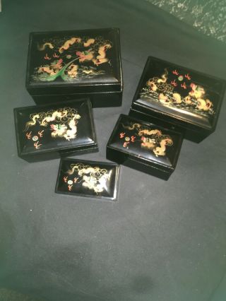 Set Of 5 Vintage Chinese Black Lacquer & Abalone Nesting Boxes