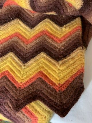 Vintage Afghan Blanket Crochet Boho Orange Brown Chevron Wool Blend 64 X 96