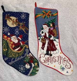 Vintage Needlepoint Christmas Santa Claus Hanging Stockings 16” 17”
