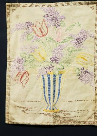 Vintage Hand Embroidered Sampler Picture Tulips Vase 1930s Era Folk Primitive