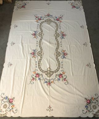 Vintage Handmade Cross Stitch Linen Table Cloth Large 100” X 65” Oblong