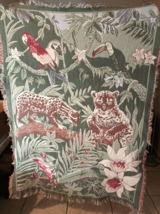 Goodwin Weavers Jungle Animals Throw Blanket Tapestry Rainforest Scene Vintage