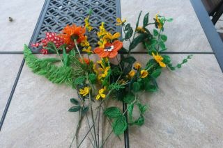 9 Vtg Intricately Detailed Handmade Glass Seed Bead Bouquet Flowers Fern Leaves