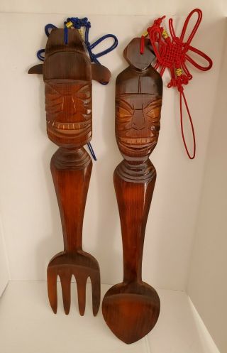 Vintage Giant Carved Wooden Tiki Totem Fork & Spoon Set Wall Decor 24 Inch Wood