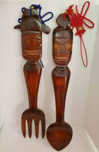 VINTAGE GIANT CARVED WOODEN TIKI TOTEM FORK & SPOON SET WALL DECOR 24 inch WOOD 2