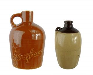 Antique Vintage Stoneware Pottery Sorghum Jug & Small Brown Jug Marked Usa
