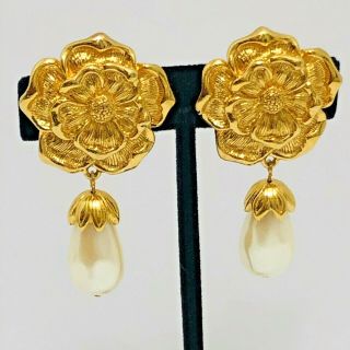 Vintage Flower Dangle Clip Earrings Faux Pearl Statement Gold Tone 80s Avon
