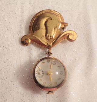 Vintage Monocraft Art Deco Horse Head Brooch With Watch Pendant