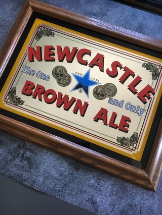 Vintage Newcastle Brown Ale Beer Sign Mirror Glass Wood Breweriana 21 X 16