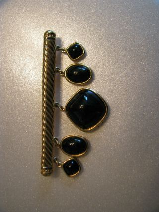 Vintage Crown Trifari Signed Goldtone Bar Pin Black Oynx Dangle Jewels