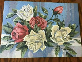Vintage 14 X 10 Finished Paint By Number Panel Pink Roses Bouquet Unframed Mcm