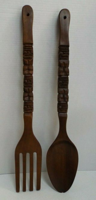 Vintage Hand Carved Wood Spoon & Fork Wall Art Tiki Totem Decor Philippines 28 "