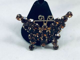 Vtg.  Root Beer Topaz Pronged Rhinestone Gold Tone Butterfly Brooch