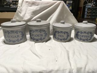 Vintage Stoneware Crock Set Gray With Blue Lettering Flour Sugar Coffee Tea
