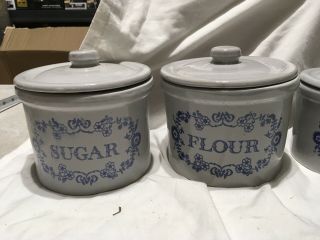 Vintage Stoneware Crock Set Gray With Blue Lettering Flour Sugar Coffee Tea 2