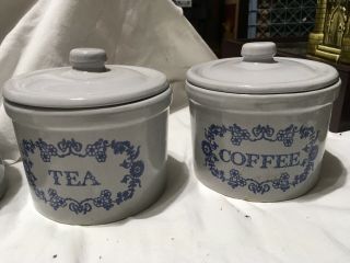 Vintage Stoneware Crock Set Gray With Blue Lettering Flour Sugar Coffee Tea 3
