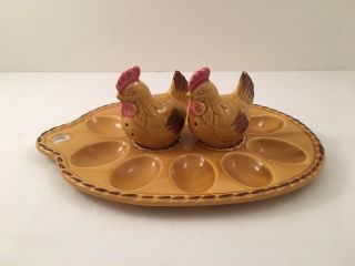 Vintage Deviled Egg Tray Plate With Chicken Hen Salt And Pepper Shakers - Japan
