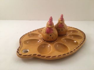 Vintage Deviled Egg Tray Plate with Chicken Hen Salt and Pepper Shakers - Japan 2