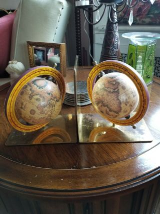 Vintage Brass Globe Book Ends Spins 6 " Old World Design