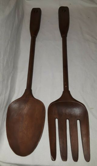 Vintage Giant Carved Wooden Fork & Spoon Set Rustic Farm Ranch Wall Decor 28in