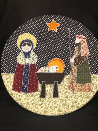Vintage Handmade Christmas Nativity Wall Hanging Appliqued 14 Inch Round