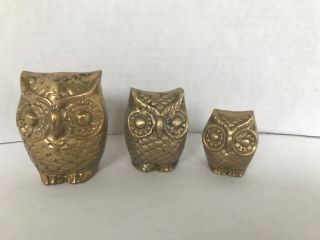 Vintage Brass Owl Set Of 3 Paperweight Figurines Bird Mid Century Decor Gift