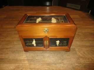Vintage Large Oriental Style Jewelry Box Wood Jade Inlay Brass Organizer Decor