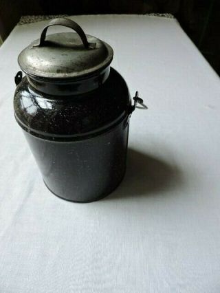 Vintage Black W/white Enamelware Cream Milk Carrier W/handle And Lid