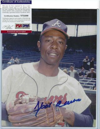 Hank Aaron Autographed Baseball Brace 8x10 Color Photo Atlanta Braves Psa