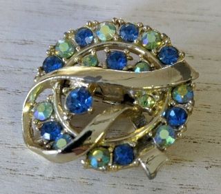 Shades Of Blue Green Rhinestone Goldtone Vintage Brooch Pin (fg)