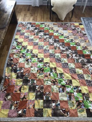 Vintage Mid - Century Patchwork Quilt Browns Boho Earthy Colors 82” By 64”