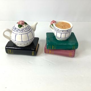 Vintage Clay Art Teacup And Teapot On Books Salt And Pepper Shakers 1994