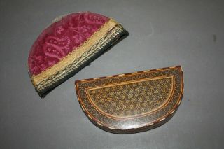 Vtg Persian Khatam Wood Inlay Mosaic Travel Jewelry Trinket Box With Fabric Case