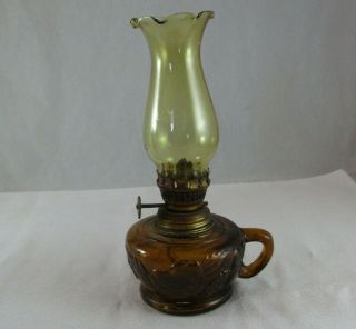 Vintage Amber Glass Oil Lamp Miniature 7.  5 " Grape Pattern Hurricane Power Outage