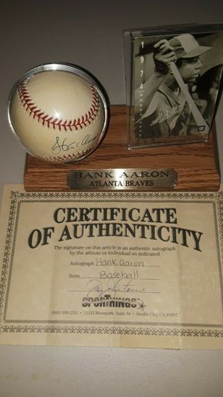Hank Aaron Authenticated Autographed Baseball With Trading Card Set On Wood Base