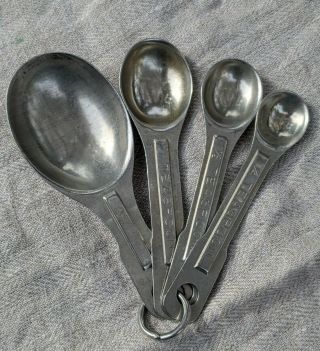 Vintage Aluminum Measuring Spoons Set 4 On Ring ¼ ½ 1tsp,  1tbsp