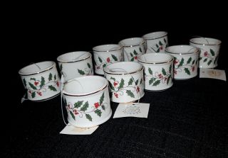 10 Vintage White Ceramic Holly Pattern Napkin Rings Holiday Dinners