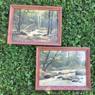 Vintage Mid Century Paint By Number Framed Pair Set Stream Trees Nature 18x14