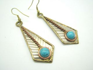 Mixed Metal Silver/gold Tone W/copper Dangle Earrings Turquoise Southwestern Vtg