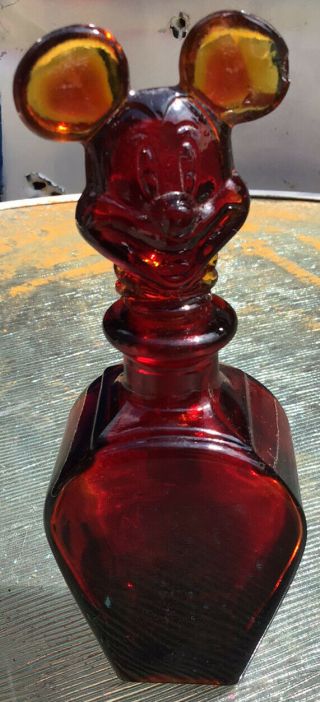 Walt Disney Mickey Mouse Perfume Bottle Vintage Rare Ruby Red Glass Collectible