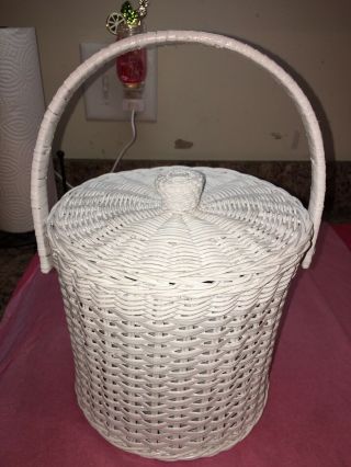 Vintage White Wicker Ice Bucket With Lid,  Handle And Plastic Liner Shabby Chic