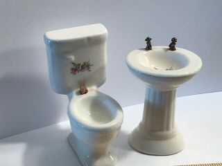 Vintage Mini Miniature Dollhouse Porcelain Toilet & Sink.  Not Perfect 1229