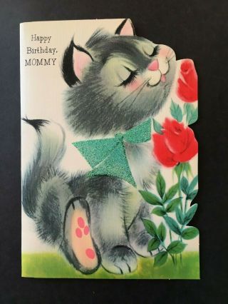 Vintage Greeting Card Happy Birthday Mommy Kitten Cat Glitter Roses Laurel 1960s