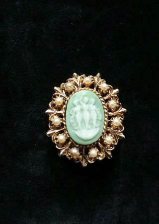 Vintage Cameo Raised Dancing Girls Brooch Pin With Faux Pearl Accent
